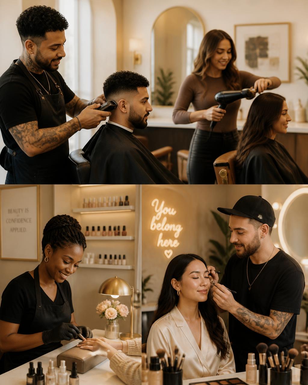 Barbers, hairstylists, nail techs and makeup artists of all genders at work in an elegant salon